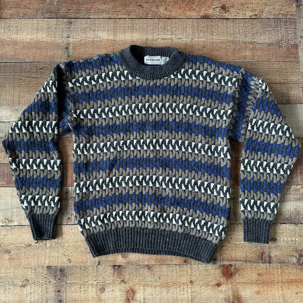 McGregor Mens Vintage Crew neck Gray White Blue Striped Knit Grandpa Sweater -XL